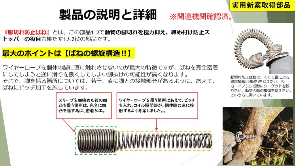 くくり罠の鎌田スプリング｜ 実用新案取得【脚切れ防止ばね】締付防止機能あり